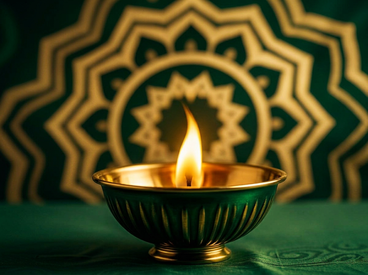 A glowing sacred flame in a golden bowl