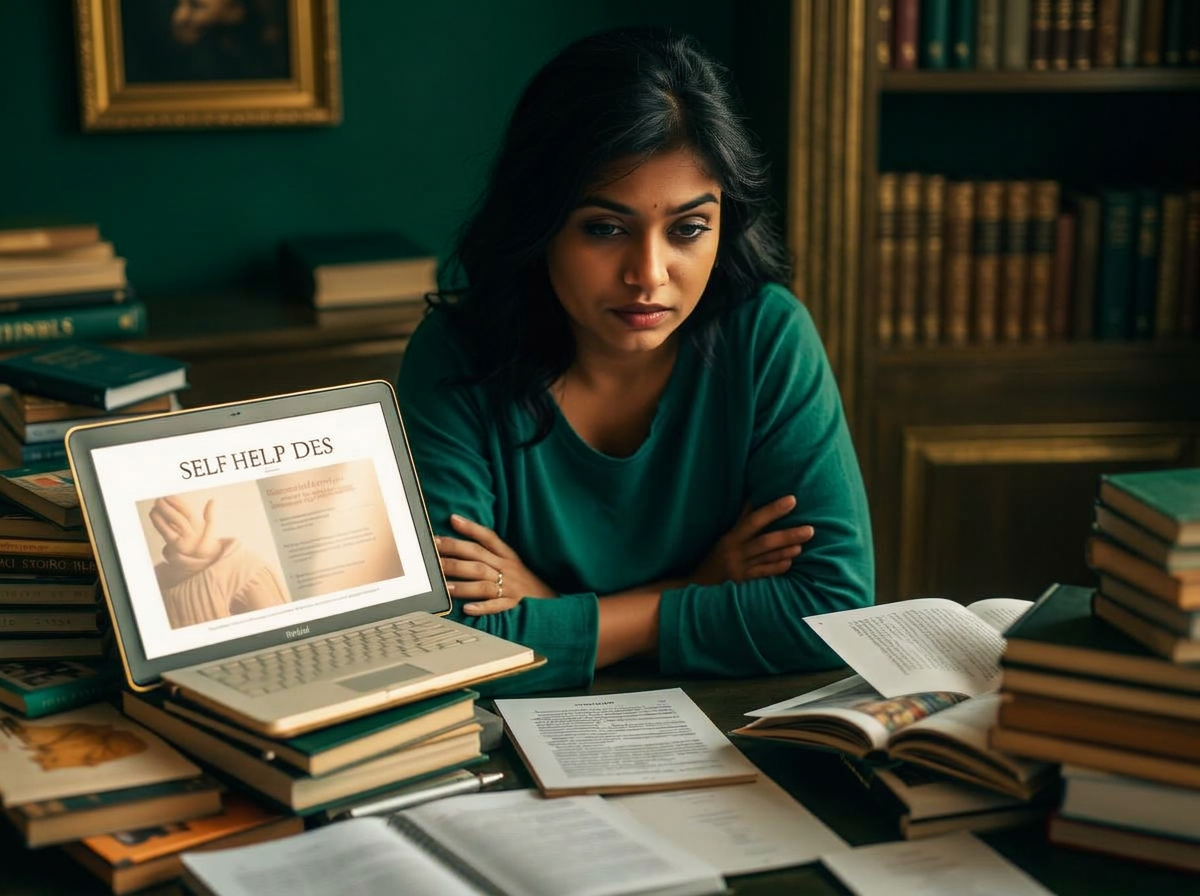 A woman overwhelmed by self-help books and therapy videos
