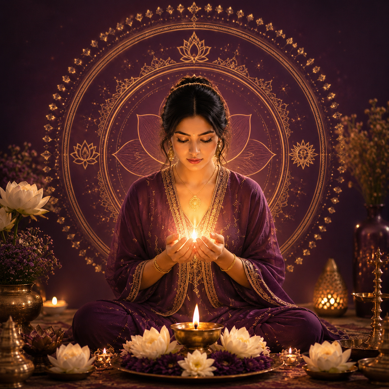 A woman in plum robes holding a glowing sacred flame