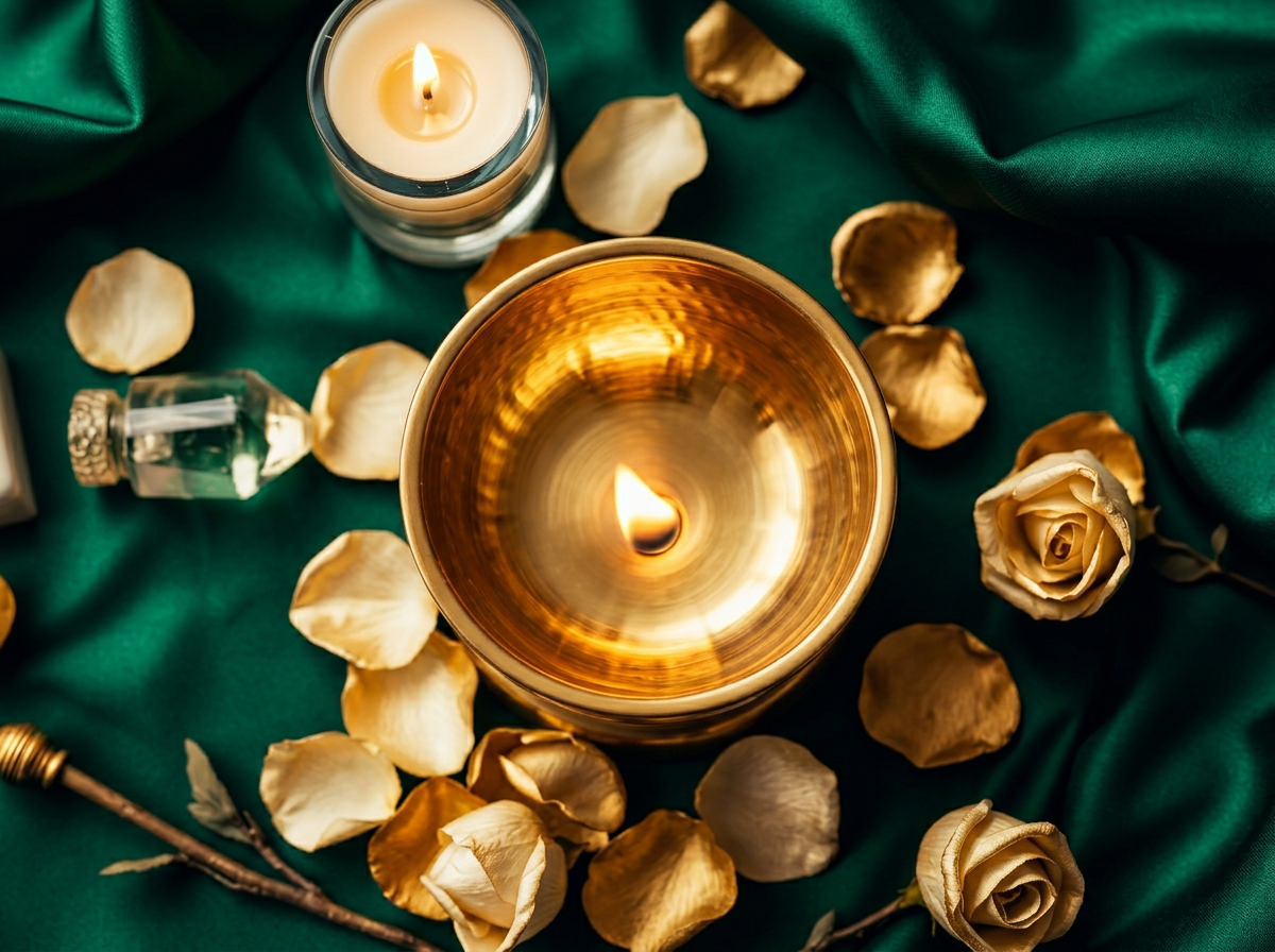 The Sacred Flame Ritual — brass bowl, flame, rose petals and crystal