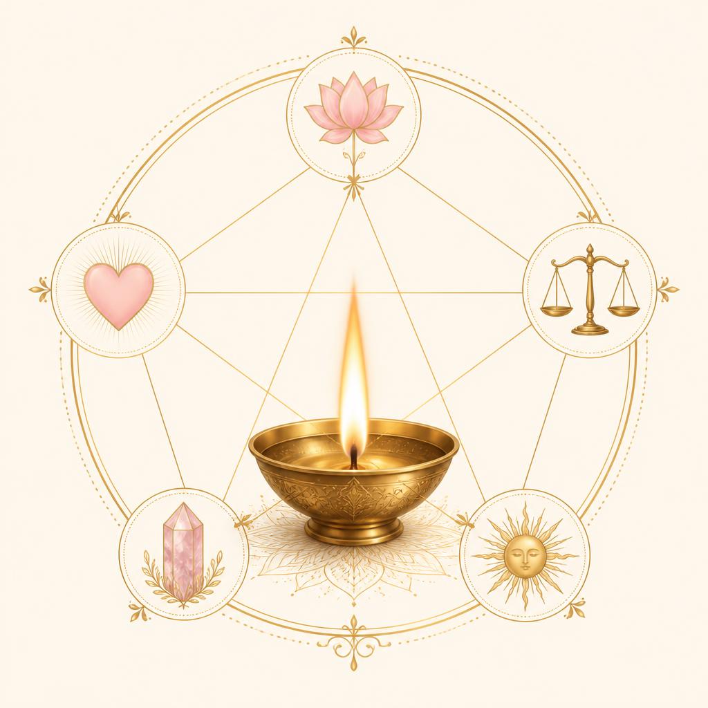 Diagram of the five elements of the Sacred Flame Ritual around a brass diya