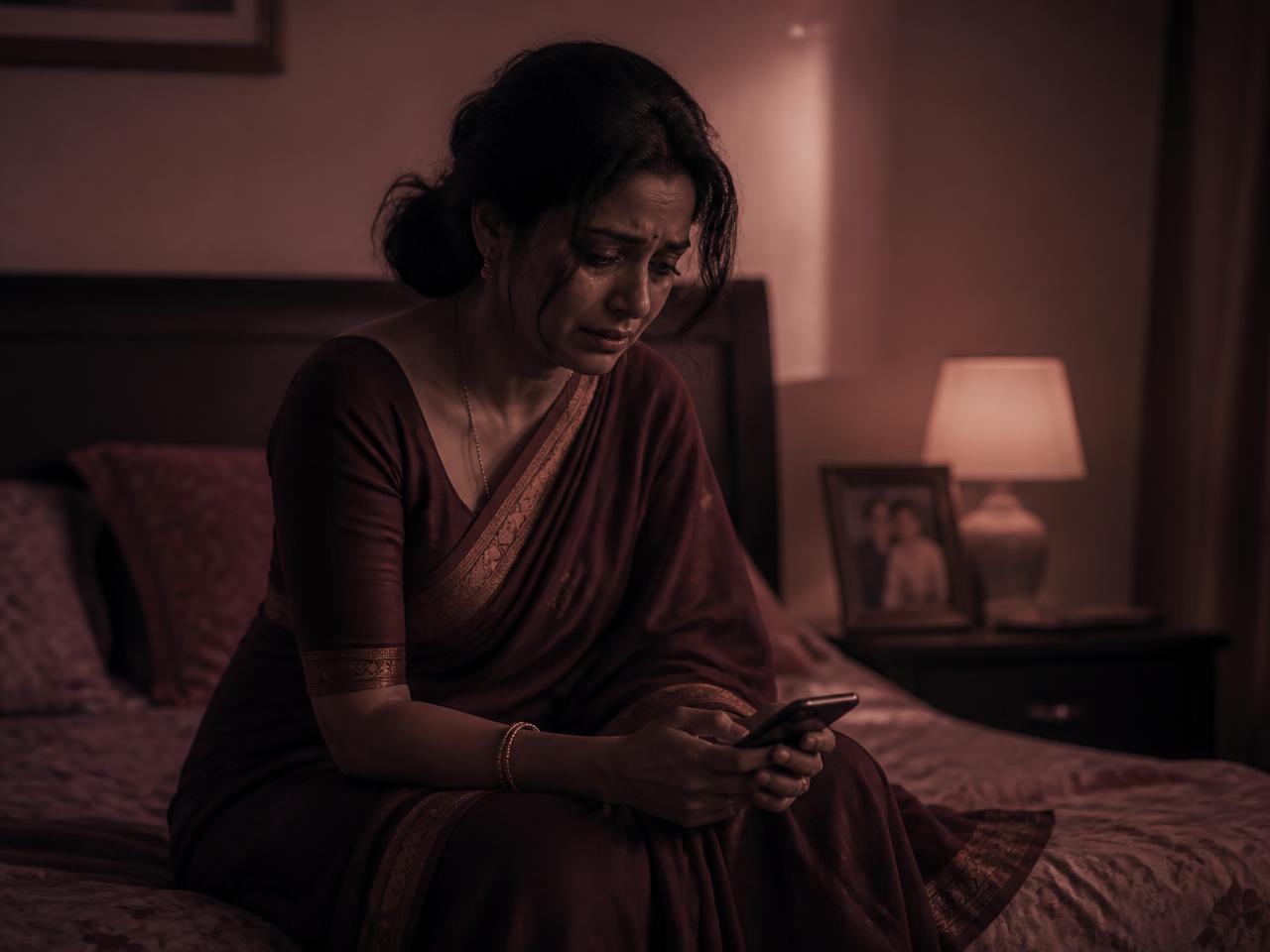 A woman sitting alone at night, emotionally exhausted