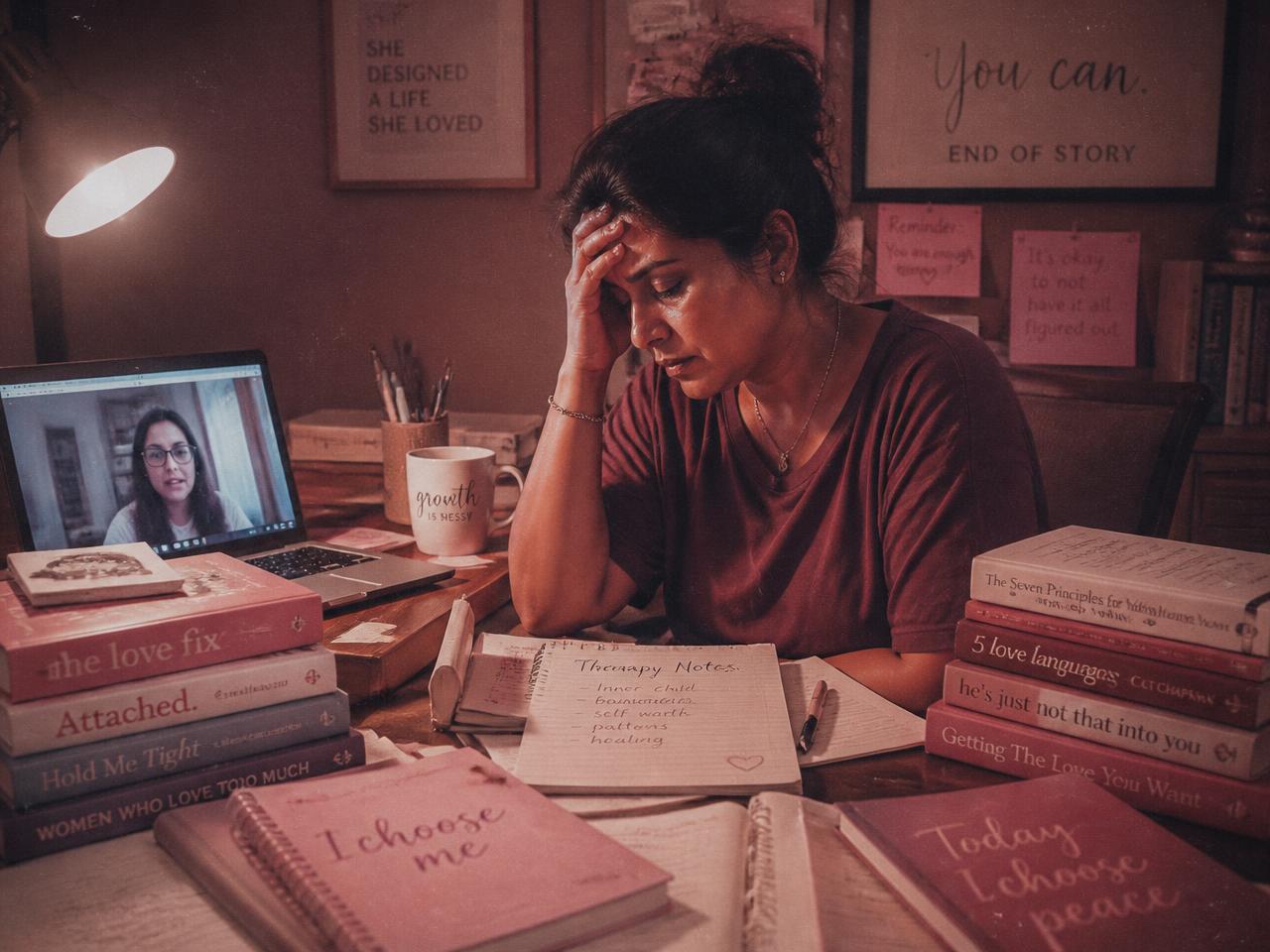 A woman surrounded by self-help books and advice, still overwhelmed